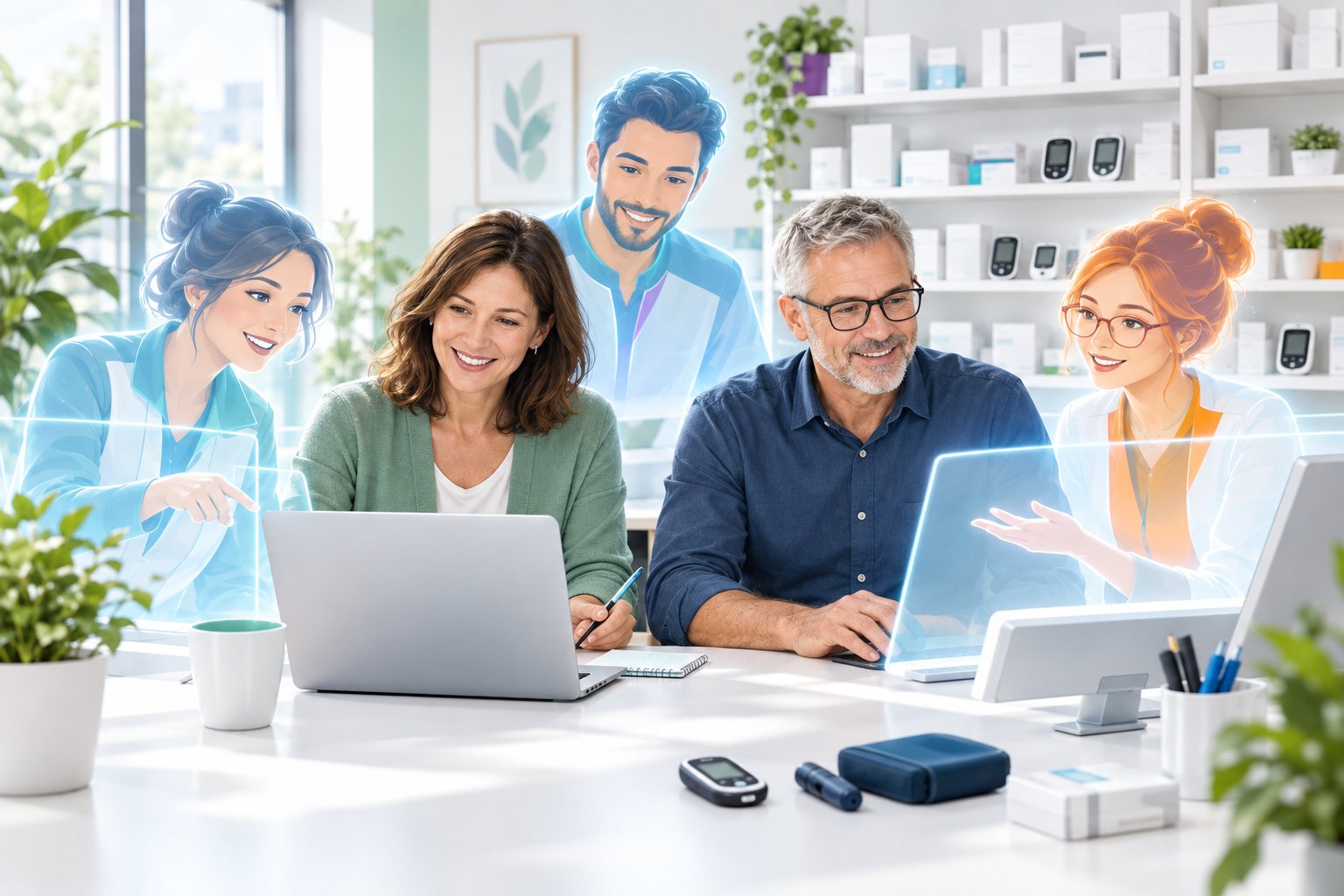 Menschen und digitale Kollegen arbeiten gemeinsam